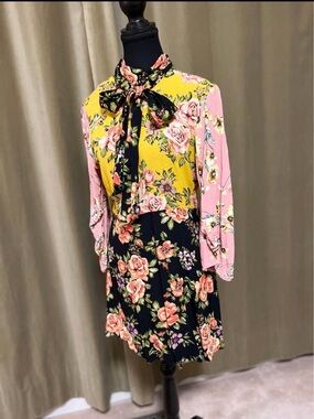 Zara Floral Mini Dress with Pink, Yellow & Black Panels